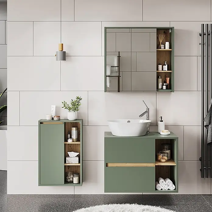 Vicco Badmöbel-Set Viola Grün/Artisan 3 Teile - Grün, Matt - Moderne grüne Badmöbel mit integriertem Waschbecken und passenden Wandschränken, mit Naturholzdetails und viel Stauraum.