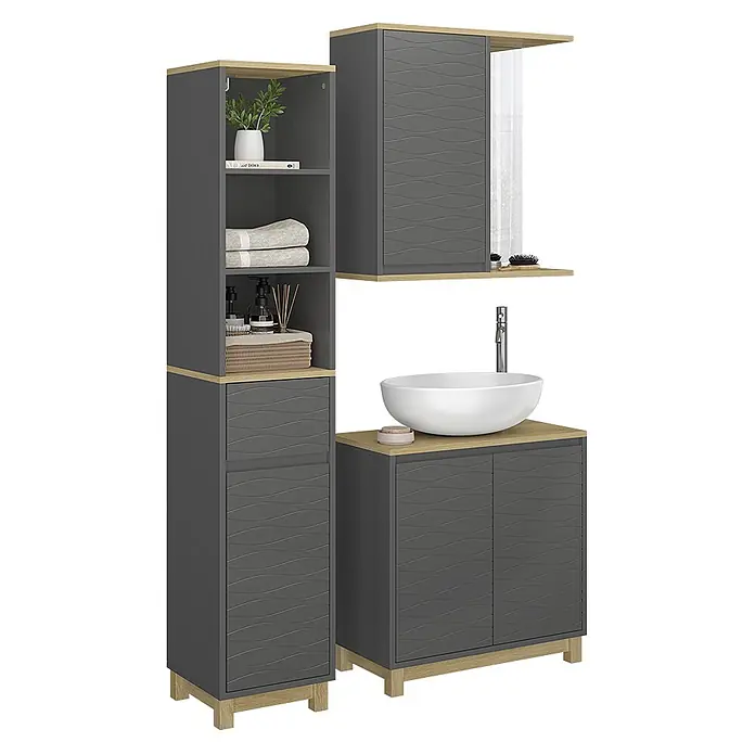 Vicco Badmöbel-Set Livia Anthrazit/Eiche 3 Teile, mit Hochschrank - Anthrazit, Matt - Dunkelgraues Badmöbel-Set mit Naturholz-Akzenten, bestehend aus Hochschrank, Wandschrank und Waschtisch mit Aufsatzwaschbecken.