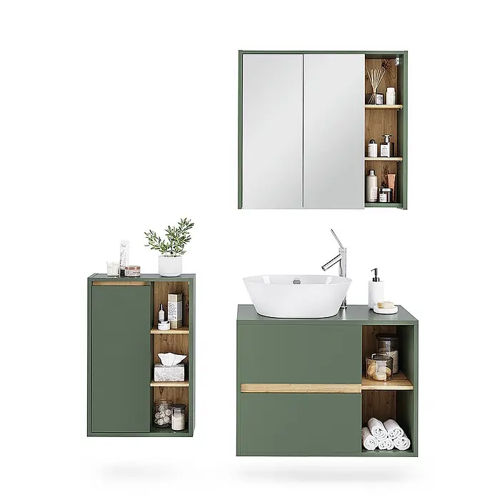 Vicco Badmöbel-Set Viola Grün/Artisan 3 Teile - Grün, Matt - Grünes Badezimmermöbel-Set mit Spiegelschrank, Waschtischunterschrank und hohem Schrank, alle mit Holzdetails.