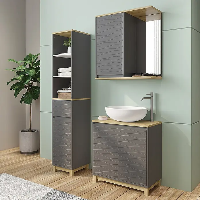 Vicco Badmöbel-Set Livia Anthrazit/Eiche 3 Teile, mit Hochschrank - Anthrazit, Matt - Anthrazitfarbenes Badmöbelset mit hellen Holzoberflächen und wellenförmigen Türen, inkl. Hochschrank, Waschtisch mit Waschbecken und Spiegelschrank.