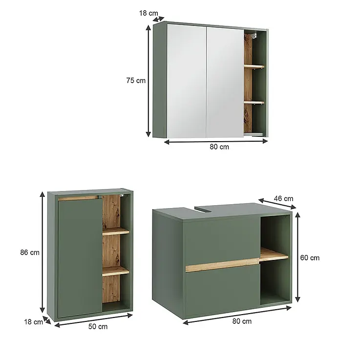 Vicco Badmöbel-Set Viola Grün/Artisan 3 Teile - Grün, Matt - Set aus drei dunkelgrünen Badschränken mit Holzdetails und Regalen: Spiegelschrank, Hochschrank und Waschtischunterschrank.