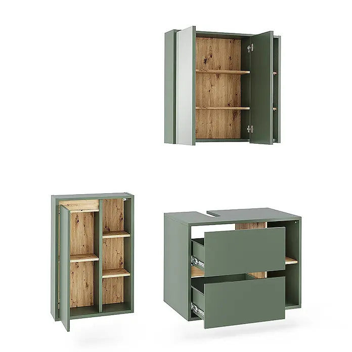 Vicco Badmöbel-Set Viola Grün/Artisan 3 Teile - Grün, Matt - Modulares Badmöbelset in Salbeigrün mit Holzinterieur, bestehend aus Wandschrank, Hochschrank und Waschtischunterschrank mit Schubladen.