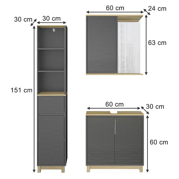 Vicco Badmöbel-Set Livia Anthrazit/Eiche 3 Teile, mit Hochschrank - Anthrazit, Matt - Modulares Badezimmermöbel-Set in Dunkelgrau mit Wellenstruktur und hellen Holzakzenten: Hochschrank, Wandschrank und Waschtischunterschrank.