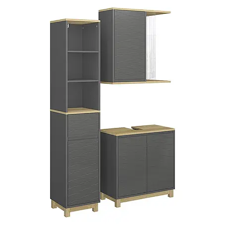 Vicco  Badmöbel-Set Livia Anthrazit/Eiche 3 Teile, mit Hochschrank