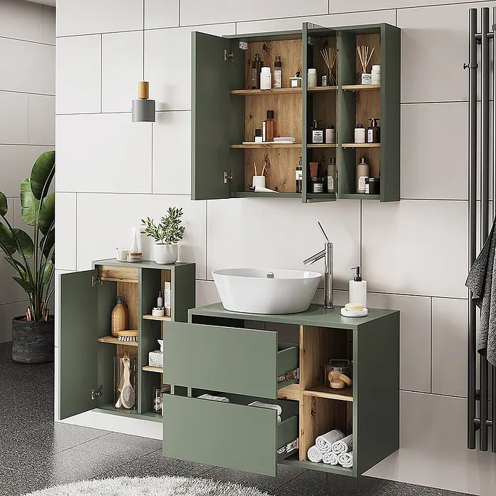 Vicco Badmöbel-Set Viola Grün/Artisan 3 Teile - Grün, Matt - Salbeigrünes Badmöbelset mit weißem Waschbecken, Schubladen und passenden Hänge-/Seitenschränken mit Holzoptik.