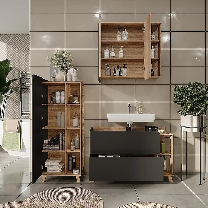 Vicco Badmöbel-Set Karen Sonoma/Anthrazit 3 Teile - Sonoma, Matt - Modernes Badezimmermöbel-Set aus hellem Holz und Dunkelgrau, mit Waschbeckenunterschrank, Wandschrank und hohem Badschrank.