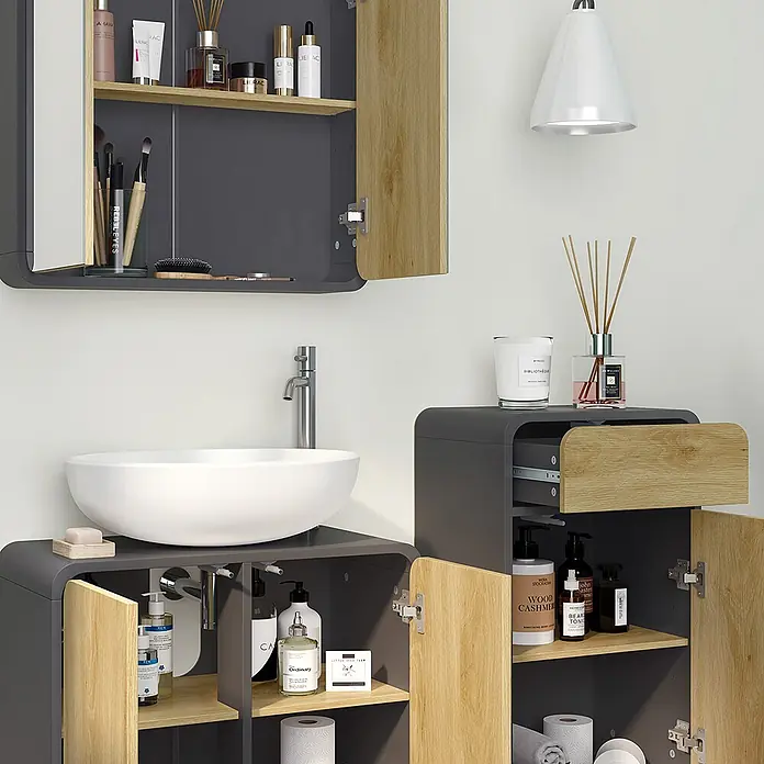 Vicco Badmöbel-Set Arla Anthrazit/Eiche 3 Teile, mit Midischrank - Anthrazit, Matt - Moderner anthrazitfarbener Waschtischunterschrank und Hängeschrank mit Holzdetails, mit weißem Becken.