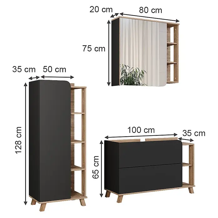 Vicco Badmöbel-Set Karen Sonoma/Anthrazit 3 Teile - Sonoma, Matt - Drei modulare Möbelstücke aus schwarzem und hellem Holz: ein hoher Schrank, eine Spiegeleinheit und eine Kommode, alle mit Seitenregalen.