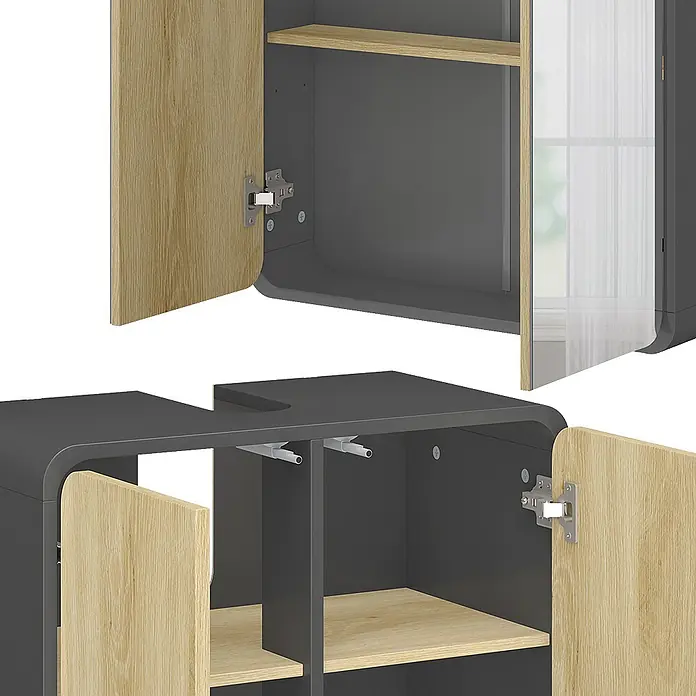 Vicco Badmöbel-Set Arla Anthrazit/Eiche 3 Teile, mit Midischrank - Anthrazit, Matt - Dunkelgraues Badezimmerschrank-Set mit hellen Holztüren und -regalen, abgerundeten Kanten und einem Waschtisch-Ausschnitt.