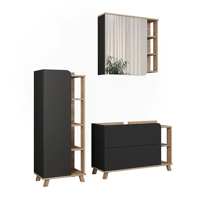 Vicco Badmöbel-Set Karen Sonoma/Anthrazit 3 Teile - Sonoma, Matt - Modernes Möbelset in Schwarz und hellem Holz mit Hochschrank, Kommode und Wandspiegel mit Regalen.