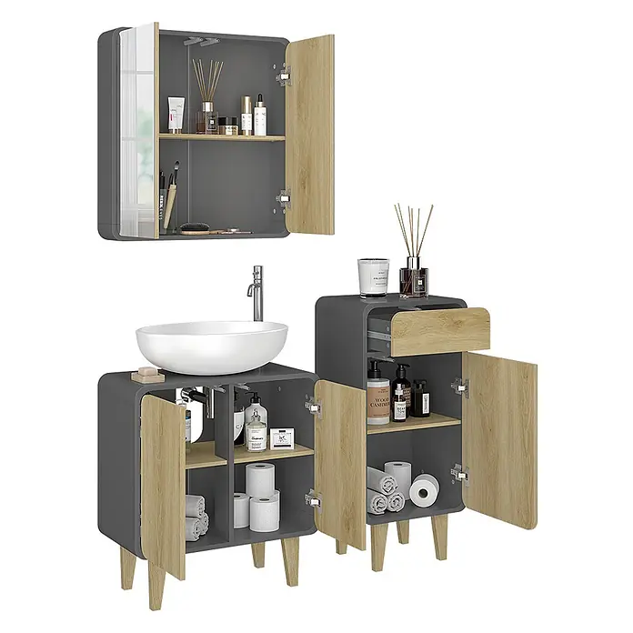 Vicco Badmöbel-Set Arla Anthrazit/Eiche 3 Teile, mit Midischrank - Anthrazit, Matt - Modernes dunkelgraues Badmöbelset mit hellen Holzfronten und abgerundeten Ecken. Enthält Wand-, Waschbecken- und Hochschränke.