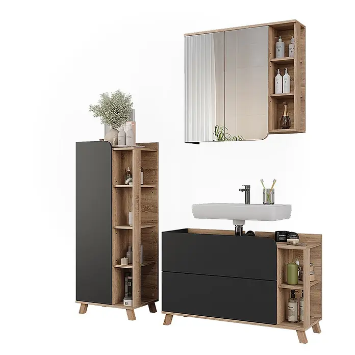 Vicco Badmöbel-Set Karen Sonoma/Anthrazit 3 Teile - Sonoma, Matt - Modernes Badmöbelset aus heller Holzoptik und dunkelgrauen Paneelen, mit Hochschrank, Spiegelschrank und Waschtisch.