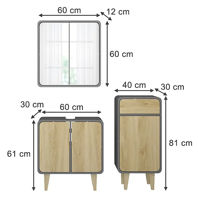 Vicco Badmöbel-Set Arla Anthrazit/Eiche 3 Teile, mit Midischrank - Anthrazit, Matt - Drei moderne Holz- und Grauschränke mit abgerundeten Ecken, mit Maßen dargestellt.