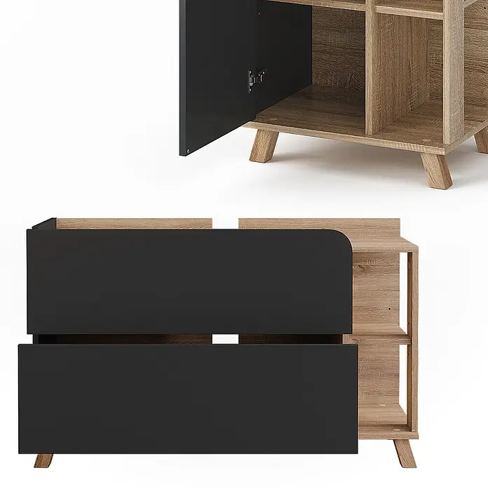 Vicco Badmöbel-Set Karen Sonoma/Anthrazit 3 Teile - Sonoma, Matt - Zweifarbiger Stauraumschrank in Schwarz und hellem Holz mit offenen Fächern und zwei geschlossenen Abteilen.