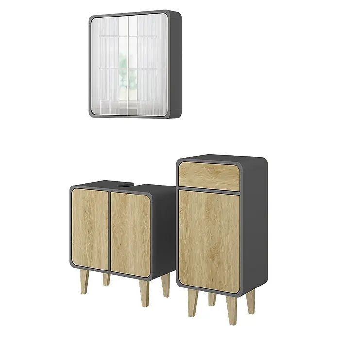 Vicco Badmöbel-Set Arla Anthrazit/Eiche 3 Teile, mit Midischrank - Anthrazit, Matt - Set moderner Badezimmermöbel: ein dunkelgrauer Spiegelschrank und zwei dunkelgrau-holzfarbene Hochschränke mit Beinen.