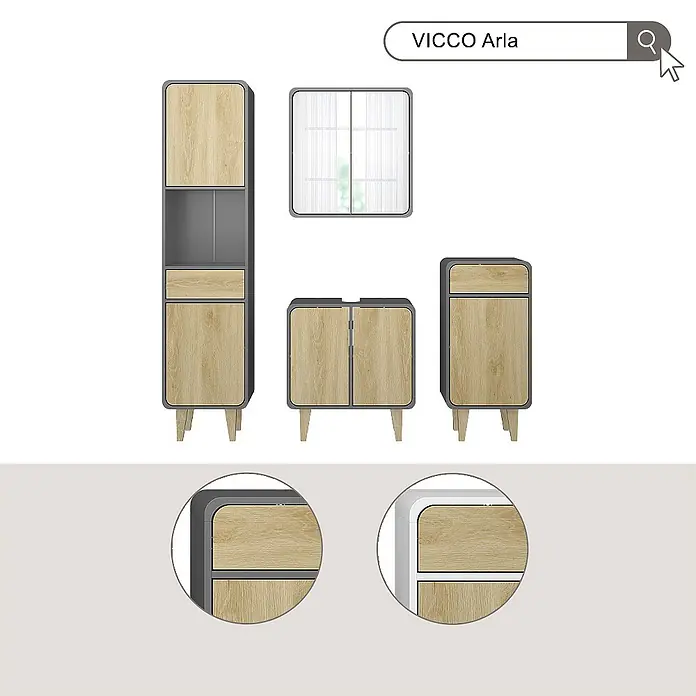 Vicco Badmöbel-Set Arla Anthrazit/Eiche 3 Teile, mit Midischrank - Anthrazit, Matt - Modernes Badezimmermöbel-Set mit hellen Holzoptik-Fronten, dunkelgrauen Rahmen, abgerundeten Kanten und Holzfüßen.