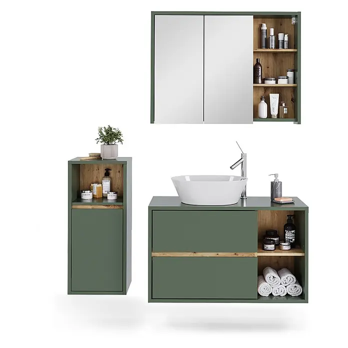 Vicco Badmöbel-Set Viola Grün/Artisan 3 Teile - Grün, Matt - Grünes Badmöbelset mit Holzdetails: Spiegelschrank, Hochschrank und Waschtisch mit weißem Becken und Armatur.