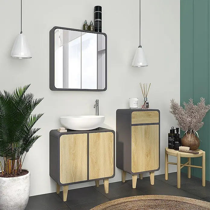 Vicco Badmöbel-Set Arla Anthrazit/Eiche 3 Teile, mit Midischrank - Anthrazit, Matt - Moderne Badmöbel: dunkelgrauer Waschtisch mit hellen Holzfronten, weißem Aufsatzwaschbecken, passendem Beistellschrank und Spiegelschrank.