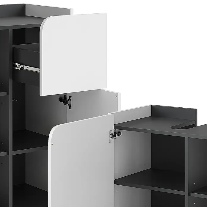 Vicco Badmöbel-Set Karen Anthrazit/Weiß 5 Teile - Anthrazit, Matt - Modulares Stauraumregal in Dunkelgrau und Weiß mit geöffneter Schublade und Türen, die Regale zeigen.