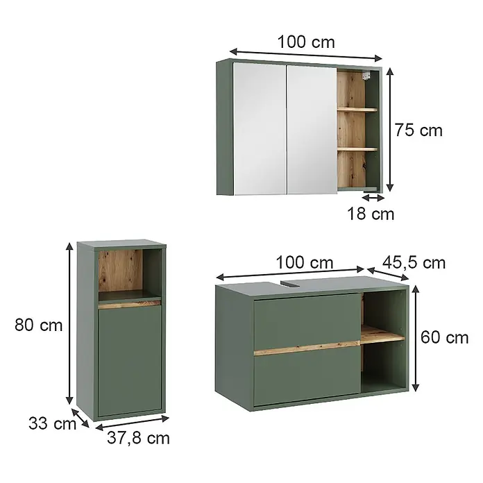 Vicco Badmöbel-Set Viola Grün/Artisan 3 Teile - Grün, Matt - Grünes Badezimmermöbel-Set mit Holzdetails: Spiegelschrank, Hochschrank und Waschtischunterschrank mit Siphonausschnitt.