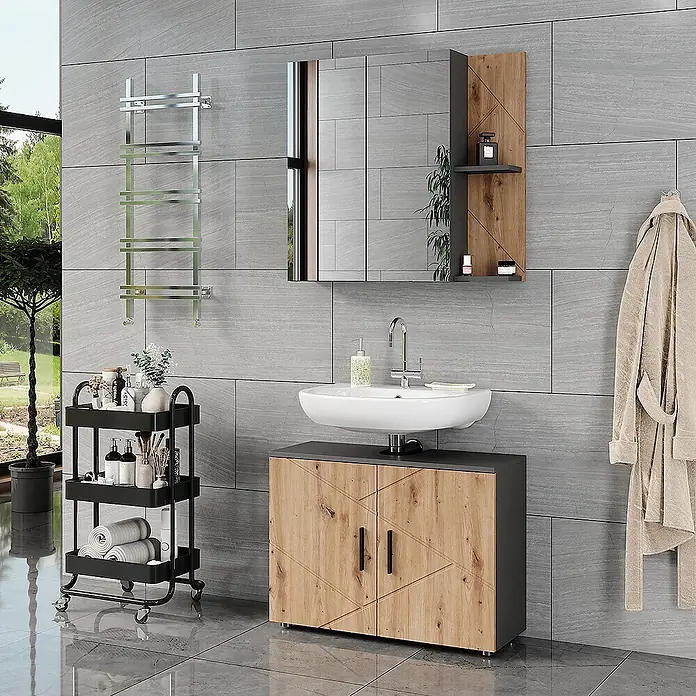 Vicco Badmöbel-Set Irma Anthrazit/Artisan 2 Teile - Anthrazit, Matt - Modernes Badezimmer mit Waschtisch in Holz und Grau, weißem Waschbecken und passendem Spiegelschrank.