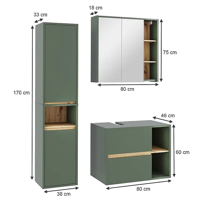 Vicco Badmöbel-Set Viola Grün/Artisan 3 Teile - Grün, Matt - Dunkelgrünes Badmöbel-Set mit Holzakzenten, bestehend aus Hochschrank, Spiegelschrank und Waschtischunterschrank.