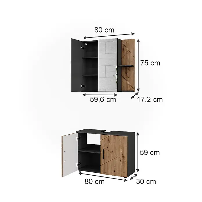 Vicco Badmöbel-Set Irma Anthrazit/Artisan 2 Teile - Anthrazit, Matt - Zweiteiliges Badezimmermöbel-Set: Ein dunkelgrau- und Holz-Look-Wandschrank mit Regalen und ein passender Waschtischunterschrank mit Siphonausschnitt.