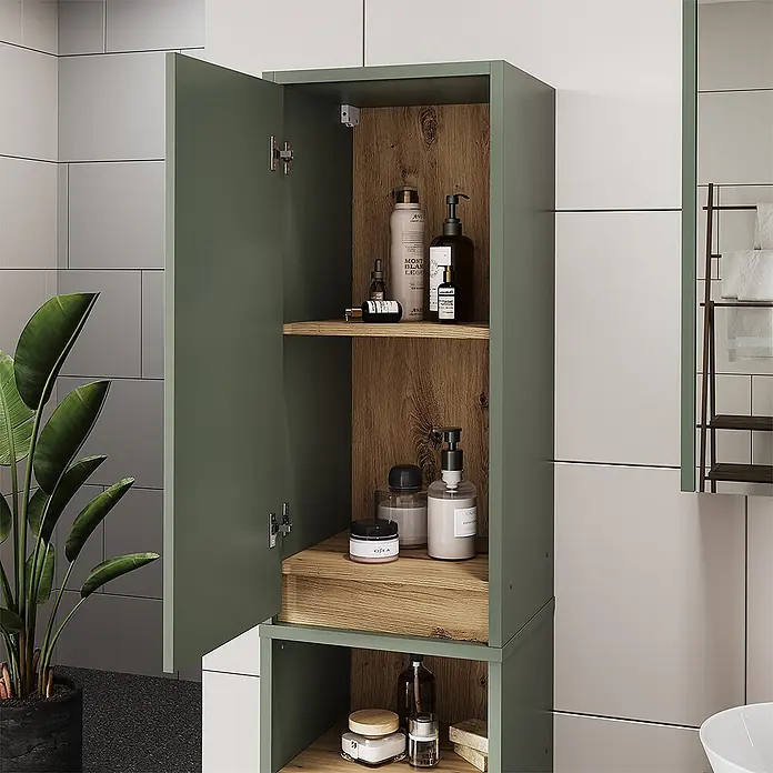 Vicco Badmöbel-Set Viola Grün/Artisan 3 Teile - Grün, Matt - Grüner Hochschrank für das Badezimmer mit offener Tür, der Holzregale mit Pflegeprodukten zeigt.