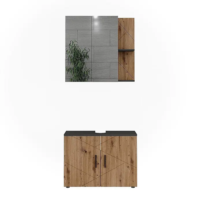 Vicco Badmöbel-Set Irma Anthrazit/Artisan 2 Teile - Anthrazit, Matt - Badmöbel-Set in Holzoptik mit schwarzer Platte und passendem Wandschrank mit Spiegel und grauen Fliesenakzenten.