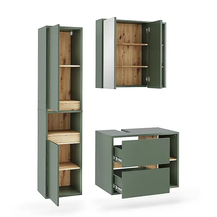 Vicco Badmöbel-Set Viola Grün/Artisan 3 Teile - Grün, Matt - Modulares Badmöbelset in Grün und Holz, mit Hochschrank, Spiegelschrank und Waschtischunterschrank mit Schubladen.