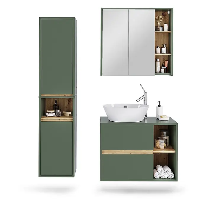 Vicco Badmöbel-Set Viola Grün/Artisan 3 Teile - Grün, Matt - Grünes Badezimmermöbel-Set mit Holzdetails: Hochschrank, Spiegelschrank und Waschtischunterschrank mit weißem Waschbecken.