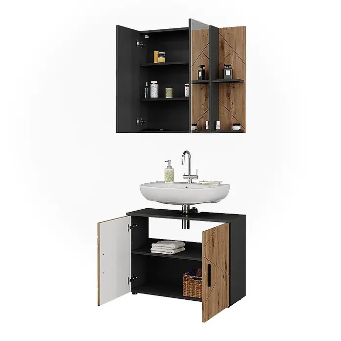 Vicco Badmöbel-Set Irma Anthrazit/Artisan 2 Teile - Anthrazit, Matt - Modernes dunkelgraues Badmöbel-Set mit weißem Keramikwaschbecken und hellen Holztüren mit geometrischem Muster, bietet Stauraum.
