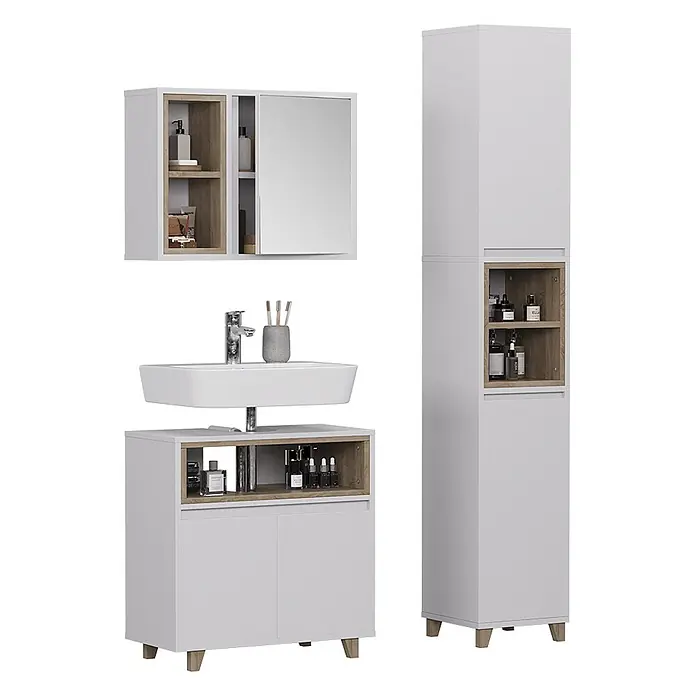 Vicco Badmöbel-Set Elnor Weiß/Eiche 3 Teile mit Hochschrank - Weiß, Matt - Weißes und helles Holz Badezimmermöbel-Set mit Waschbeckenunterschrank, Spiegelschrank und hohem Schrank.