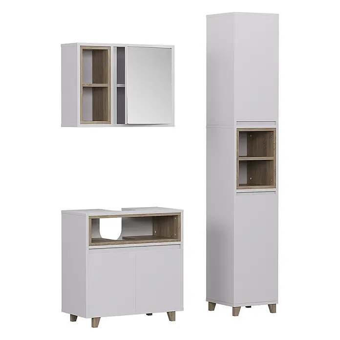 Vicco Badmöbel-Set Elnor Weiß/Eiche 3 Teile mit Hochschrank - Weiß, Matt - Weißes Badezimmermöbel-Set mit hellen Holzdetails, bestehend aus Spiegelschrank, Waschbeckenunterschrank und Hochschrank.