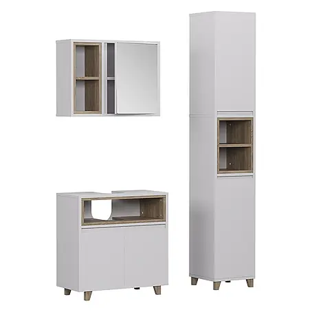 Vicco  Badmöbel-Set Elnor Weiß/Eiche 3 Teile mit Hochschrank