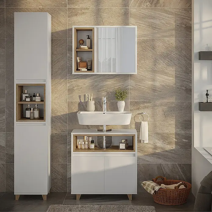 Vicco Badmöbel-Set Elnor Weiß/Eiche 3 Teile mit Hochschrank - Weiß, Matt - Weißes Badezimmermöbel-Set mit Naturholzdetails: Hochschrank, Waschtisch und Spiegelschrank, in einem modernen Bad.