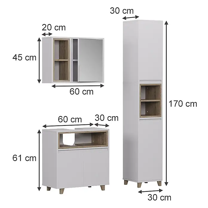 Vicco Badmöbel-Set Elnor Weiß/Eiche 3 Teile mit Hochschrank - Weiß, Matt - Set aus drei weißen und hellen Holz-Badezimmerschränken: ein Wandschrank mit Spiegel, ein Waschtischunterschrank und ein Hochschrank.