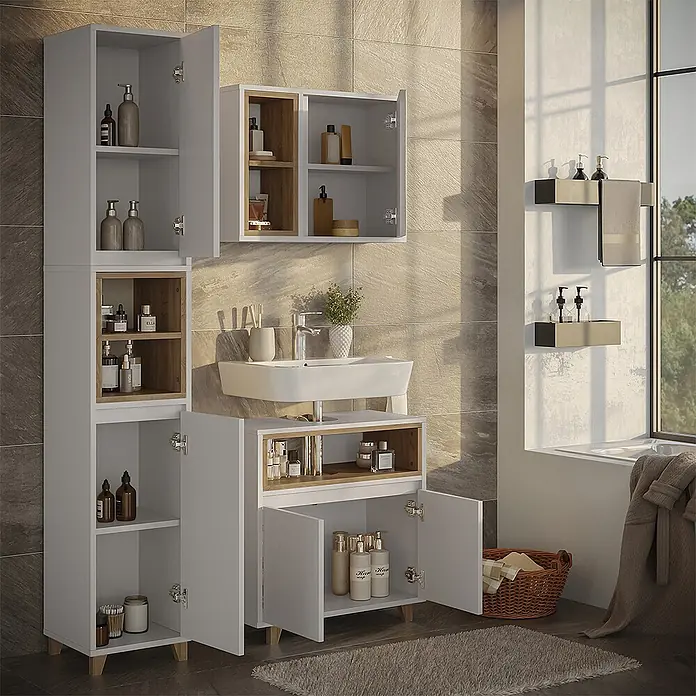 Vicco Badmöbel-Set Elnor Weiß/Eiche 3 Teile mit Hochschrank - Weiß, Matt - Weißes Badezimmermöbel-Set mit Holz Akzenten, bestehend aus Hochschrank, Wandschrank und Waschtischunterschrank.