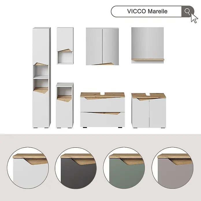 Vicco Badmöbel-Set Marelle Weiß 4 Teile - Weiß, Matt - VICCO Marelle Badmöbel-Set: weiße Schränke mit Holz Akzenten. In verschiedenen Konfigurationen und Farben erhältlich.