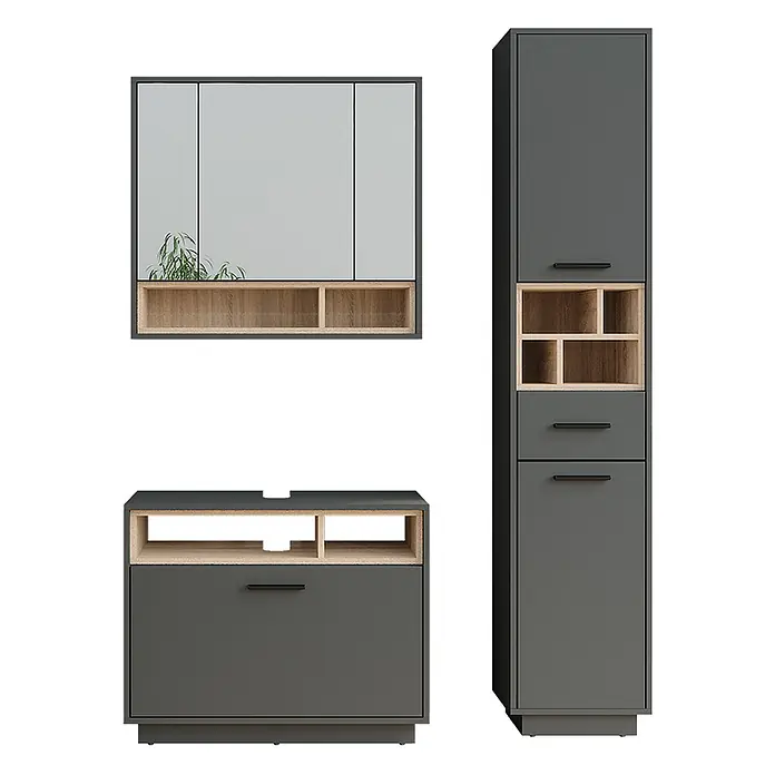 Vicco Badmöbel-Set Beatrice Anthrazit/Sonoma 3 Teile mit Hochschrank - Anthrazit, Matt - Modernes Badmöbel-Set in Dunkelgrau und hellem Holz mit Spiegelschrank, Waschtisch und Hochschrank.