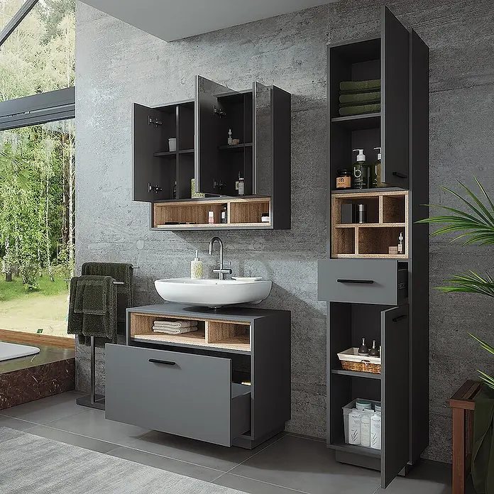 Vicco Badmöbel-Set Beatrice Anthrazit/Sonoma 3 Teile mit Hochschrank - Anthrazit, Matt - Modernes dunkelgraues Badmöbelset mit Holzdetails: Waschtisch, Wandschrank und Hochschrank, bietet viel Stauraum.