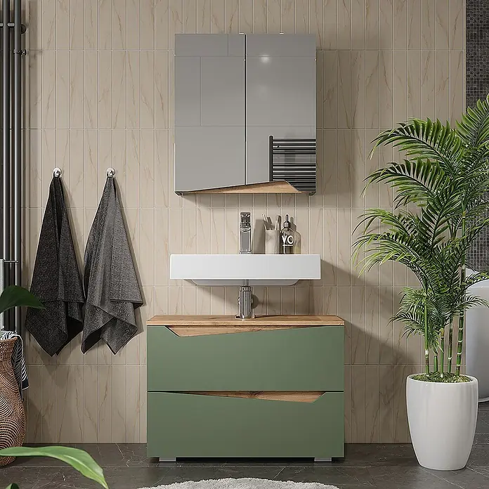 Vicco Badmöbel-Set Marelle Grün/Artisan 2 Teile - Grün, Matt - Moderner Badwaschtisch mit olivgrünem Schrank, Holzdetails, weißem Waschbecken und grauem Spiegelschrank mit Holzablage.