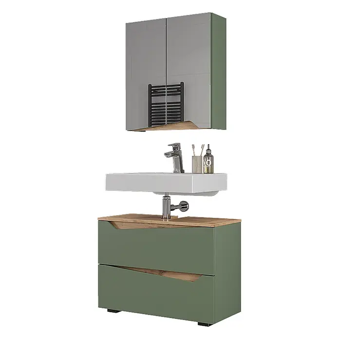 Vicco Badmöbel-Set Marelle Grün/Artisan 2 Teile - Grün, Matt - Grüner Badunterschrank mit Holzplatte, weißem Waschbecken und grauem Spiegelschrank. Badaccessoires enthalten.