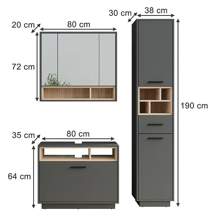 Vicco Badmöbel-Set Beatrice Anthrazit/Sonoma 3 Teile mit Hochschrank - Anthrazit, Matt - Modulares Möbel-Set in Grau und heller Holzoptik: Wandschrank, Hochschrank und Unterschrank mit Stauraum.