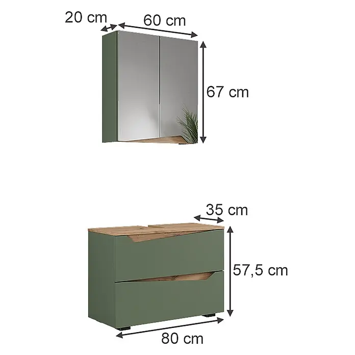 Vicco Badmöbel-Set Marelle Grün/Artisan 2 Teile - Grün, Matt - Badezimmermöbel-Set in Grün und Holzoptik: ein Spiegelschrank (60x20x67cm) und ein Waschtischunterschrank (80x35x57,5cm).