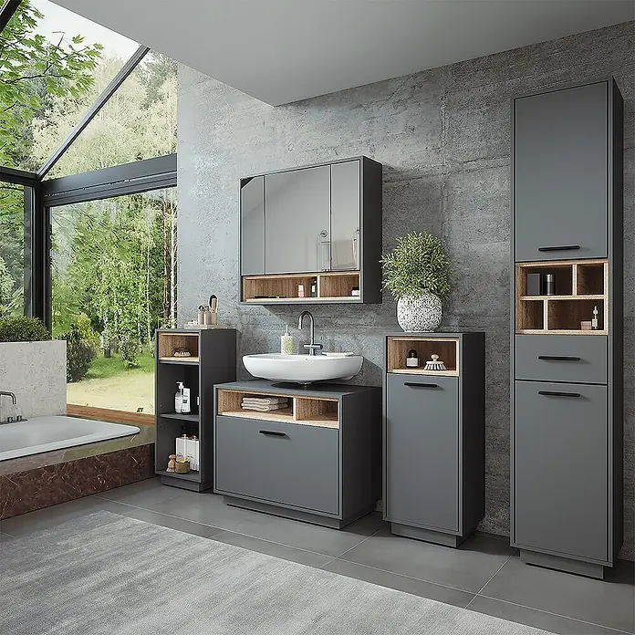 Vicco Badmöbel-Set Beatrice Anthrazit/Sonoma Set 4 - Anthrazit, Matt - Modernes dunkelgraues Badmöbel-Set mit hellen Holzdetails, integriertem Stauraum und Waschbeckenunterschrank.