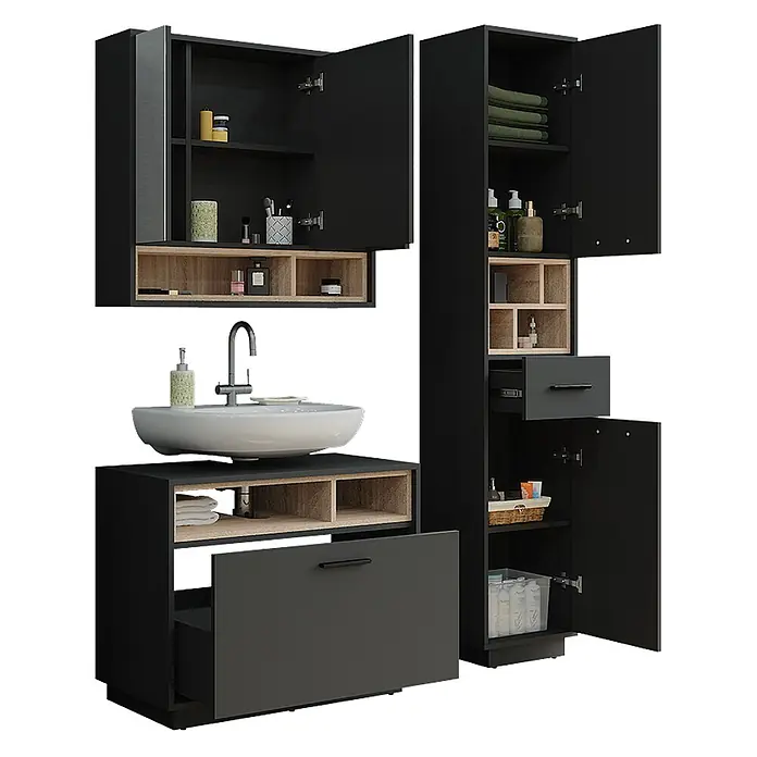 Vicco Badmöbel-Set Beatrice Anthrazit/Sonoma 3 Teile mit Hochschrank - Anthrazit, Matt - Schwarze Badmöbelgarnitur mit hellen Holzakzenten, Waschtischunterschrank, Wandschrank und hohem Schrank, teils offen zur Lagerung.