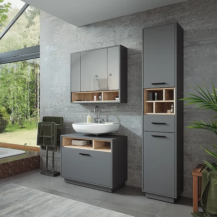 Vicco Badmöbel-Set Beatrice Anthrazit/Sonoma 3 Teile mit Hochschrank - Anthrazit, Matt - Modernes Badezimmermöbelset in Grau mit Naturholz-Akzenten, bestehend aus Waschtisch, Spiegelschrank und hohem Hochschrank.