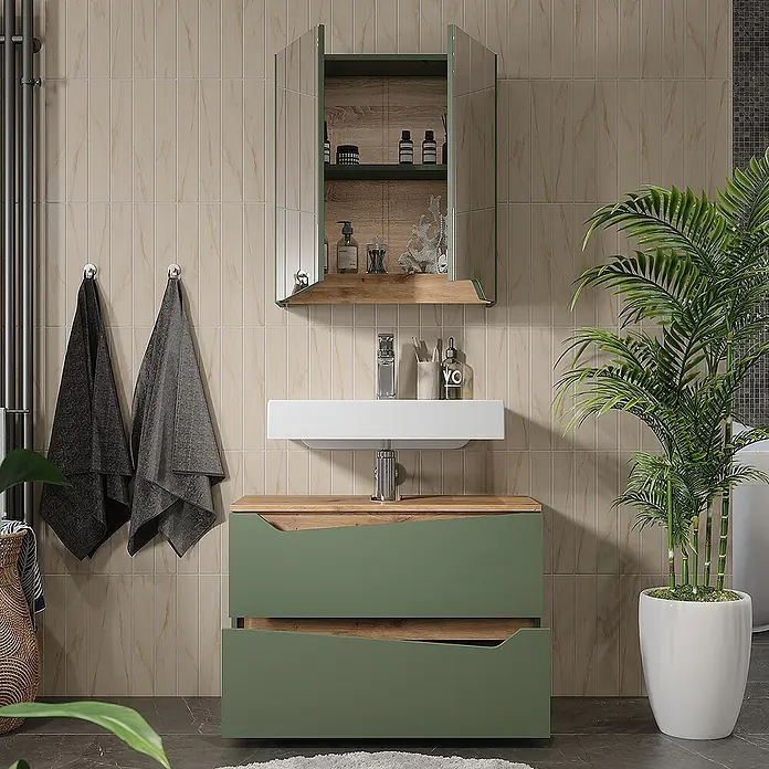 Vicco Badmöbel-Set Marelle Grün/Artisan 2 Teile - Grün, Matt - Moderner grüner Badezimmerschrank mit Holzdetails und integriertem Waschbecken, kombiniert mit einem passenden Spiegelschrank, in einem modernen Bad.