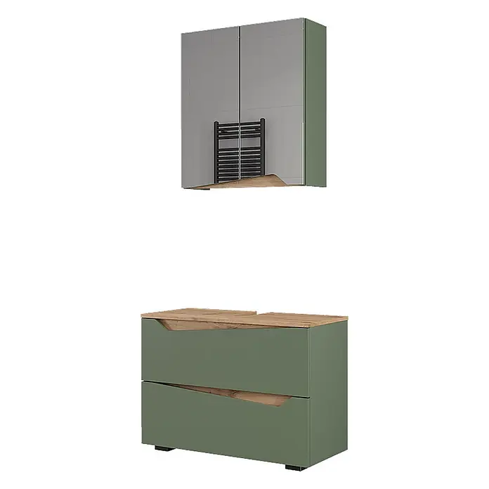 Vicco Badmöbel-Set Marelle Grün/Artisan 2 Teile - Grün, Matt - Grüne Badezimmermöbel mit Holzdetails, bestehend aus Spiegelschrank und Waschtischunterschrank mit zwei Schubladen.